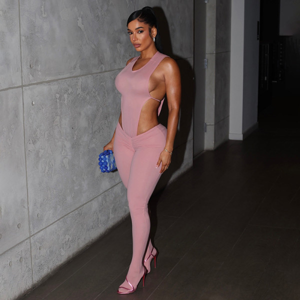 Hollow-out waist-baring high-waisted tight-fitting backless jumpsuit