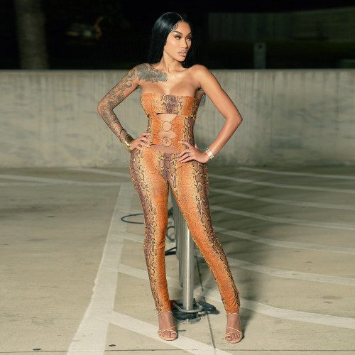 Decorative buckle snake pattern strapless hollow jumpsuit