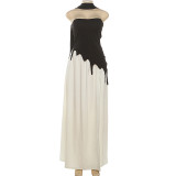 Color blocking patchwork strapless backless split ribbon skirt set