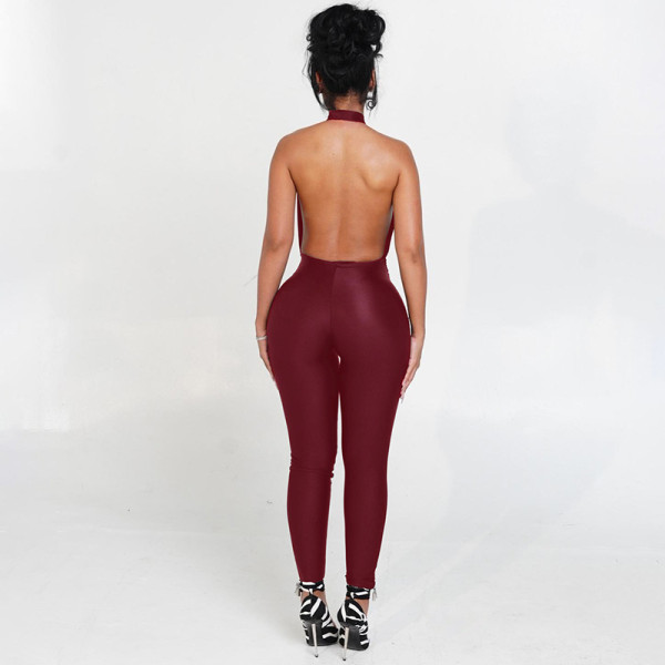 Sleeveless halter backless tight jumpsuit
