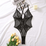 Embroidered mesh cross-strapped see-through lace one-piece dress