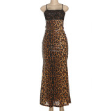 Leopard print sequined lace patchwork chest strap dress