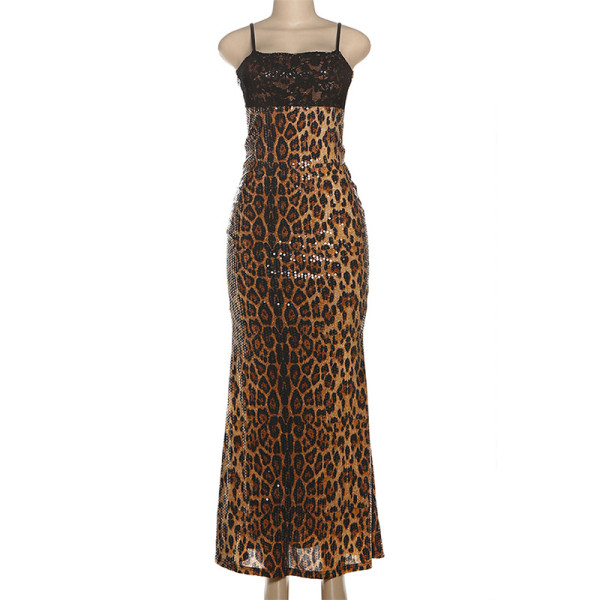 Leopard print sequined lace patchwork chest strap dress