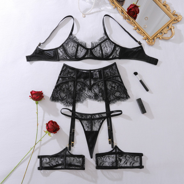 Perspective eyelash lace waist-binding fishbone gathering body-shaping underwear split set