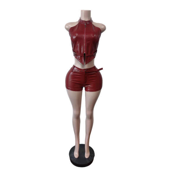 Leather adjustable waistband shorts elastic set