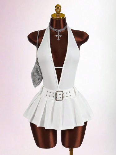 Waist-hugging, halter-neck, backless, deep-V pleated short dress