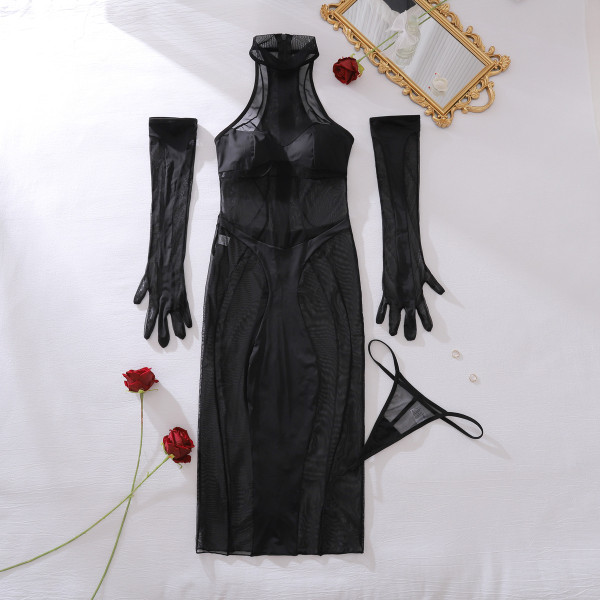 Perspective mesh one-piece body-shaping three-piece set with gloves