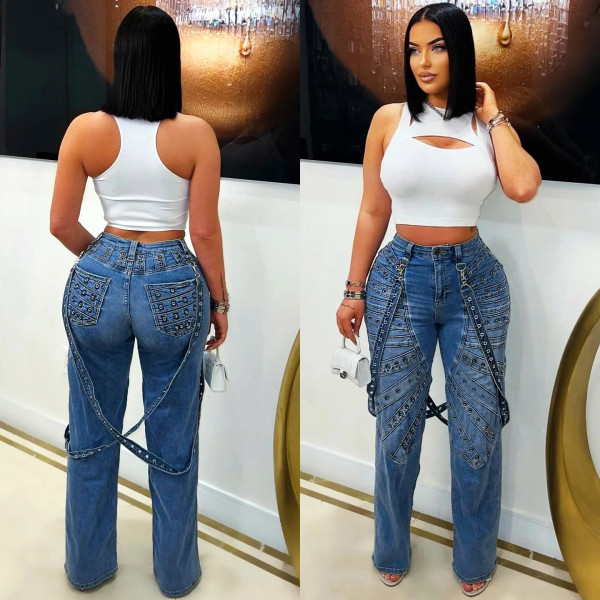 High waisted jeans with metal rivets and long pants