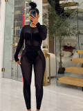 Mesh zipper cardigan tight pants two-piece set