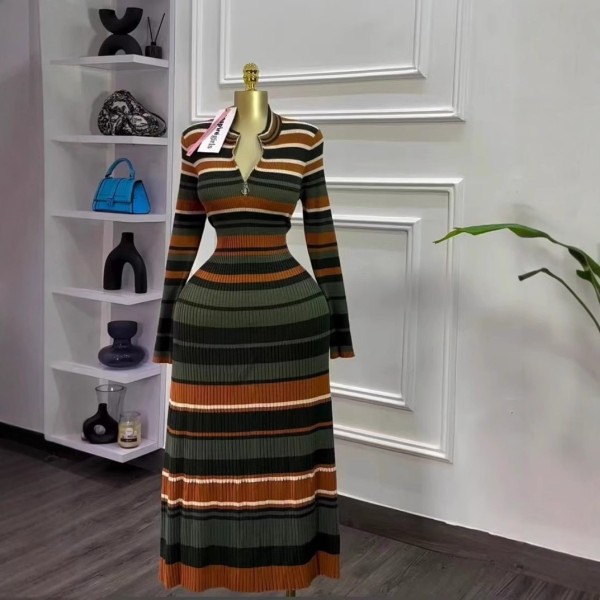 Color blocking straight tube plus size knitted dress, long woolen dress