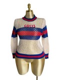 Hollow out color blocked letter jacquard long sleeved knitted sweater top