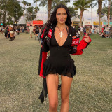 Tie up V-neck hanging neck, backless wooden ear strap jumpsuit