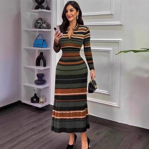 Color blocking straight tube plus size knitted dress, long woolen dress