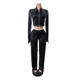 Snake skin elastic long sleeved pants set with gloves