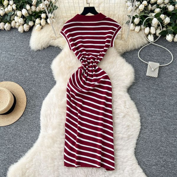 Polo collar short sleeved slit striped dress