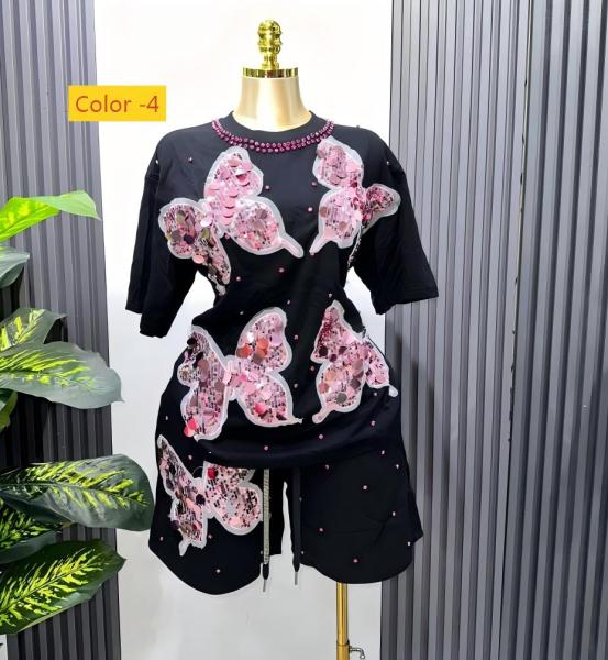 Butterfly studded diamond short sleeved T-shirt top+elastic waist wide leg shorts two-piece set