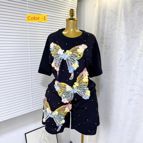 Butterfly studded diamond short sleeved T-shirt top+elastic waist wide leg shorts two-piece set