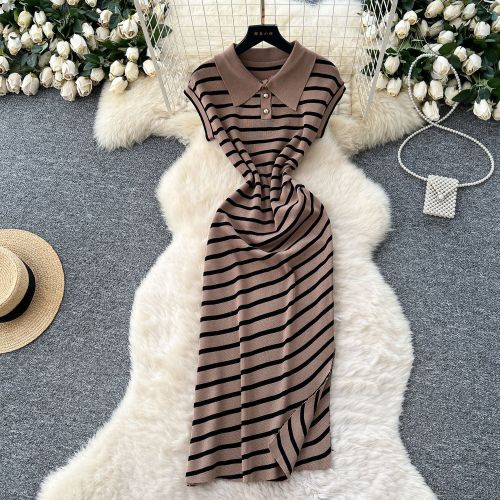 Polo collar short sleeved slit striped dress