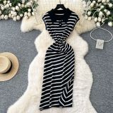 Polo collar short sleeved slit striped dress