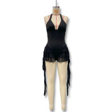 Tie up V-neck hanging neck, backless wooden ear strap jumpsuit