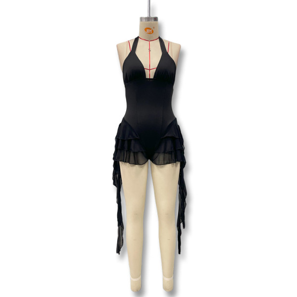 Tie up V-neck hanging neck, backless wooden ear strap jumpsuit