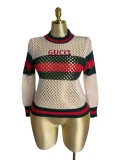 Hollow out color blocked letter jacquard long sleeved knitted sweater top