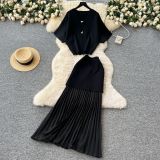 Short sleeved knitted top high waisted pleated skirt two-piece set