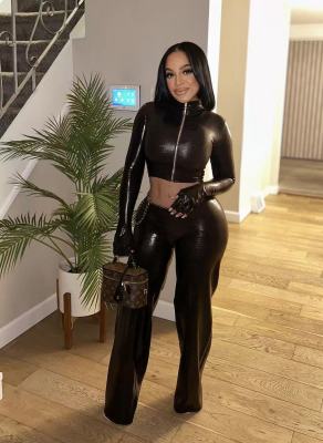Snake skin elastic long sleeved pants set with gloves