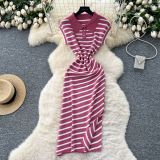 Polo collar short sleeved slit striped dress