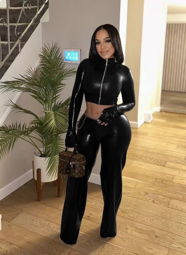 Snake skin elastic long sleeved pants set with gloves