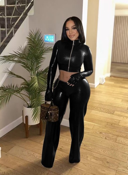 Snake skin elastic long sleeved pants set with gloves
