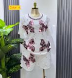 Butterfly studded diamond short sleeved T-shirt top+elastic waist wide leg shorts two-piece set