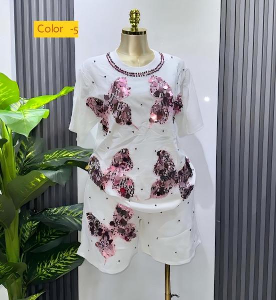 Butterfly studded diamond short sleeved T-shirt top+elastic waist wide leg shorts two-piece set