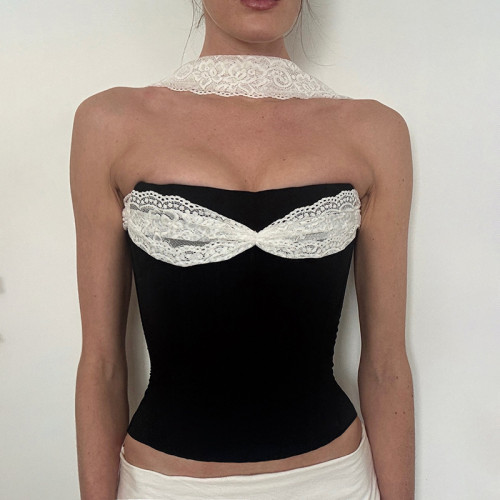 Lace patchwork strapless tight vest top
