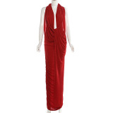 Sleeveless hanging neck backless pleated patchwork dress