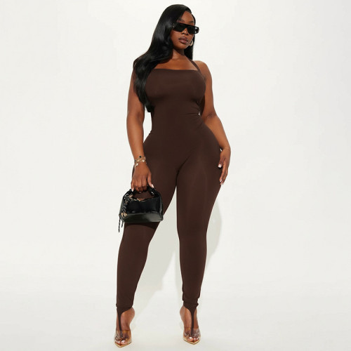 Hanging neck strap, backless, solid color, elastic, hip hugging, foot hugging jumpsuit