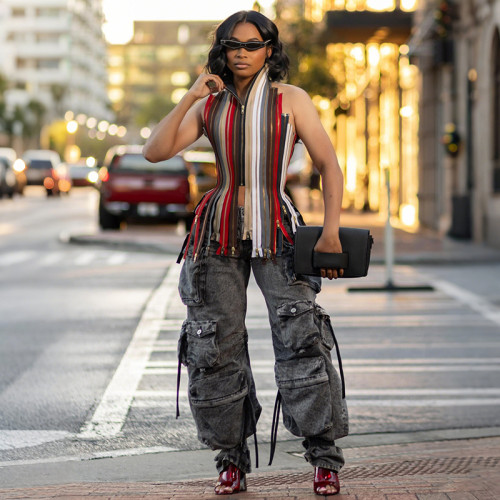 Hanging neck tie splicing backless top