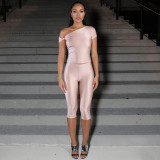 Diagonal cross twisted off shoulder pullover top with high waist and hip hugging cropped pants set