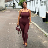 Hanging neck strap, backless, solid color, elastic, hip hugging, foot hugging jumpsuit