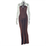 Chest hugging and hip hugging skirt with hanging collar, sleeveless backless, solid color long dress