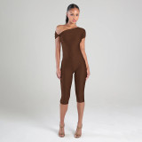 Diagonal cross twisted off shoulder pullover top with high waist and hip hugging cropped pants set