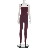 Hanging neck strap, backless, solid color, elastic, hip hugging, foot hugging jumpsuit