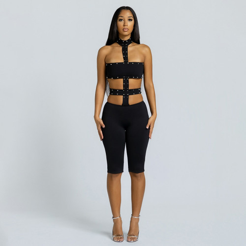 Hollow out tight fitting neck hanging jumpsuit