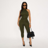 Hanging neck strap backless solid color pleated waist cinching seven part jumpsuit