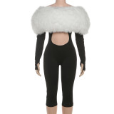Plush patchwork tight fitting umbilical jumpsuit