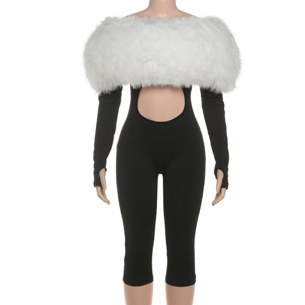 Plush patchwork tight fitting umbilical jumpsuit