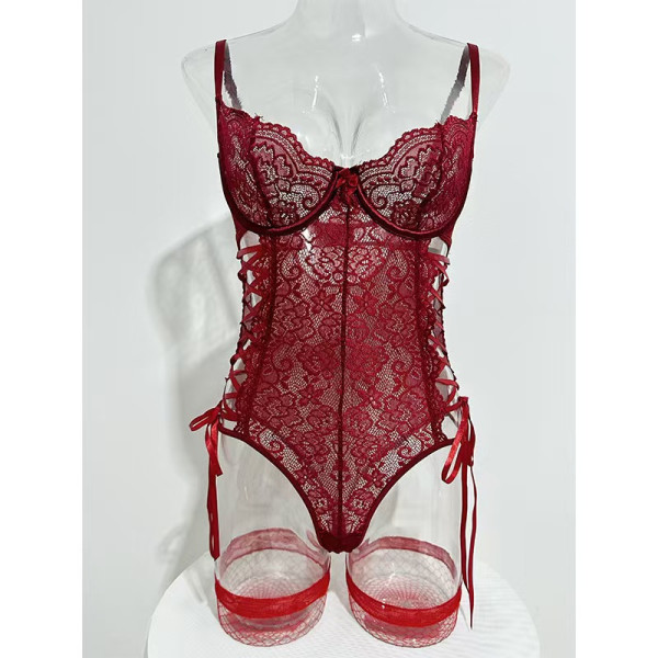 Lace see through strap hanging socks lingerie gathering set
