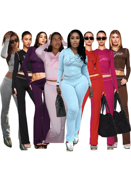 Printed hooded long sleeved thumb button micro horn two-piece set
