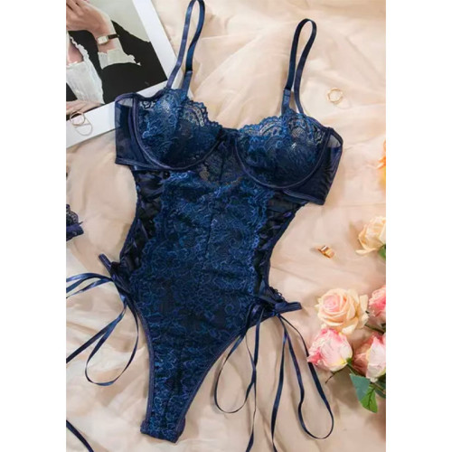 Lace see through strap hanging socks lingerie gathering set