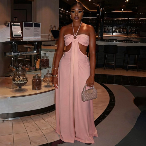 Hollow neck tie loose jumpsuit